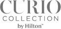 The image displays the logo for "Curio Collection by Hilton," with stylized lettering in grey.