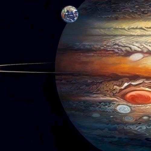 An artistic rendering of a planet resembling Jupiter, with swirling clouds and a large red spot, and a smaller celestial body nearby.