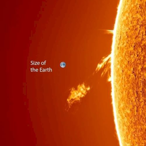 The image compares the size of Earth to the Sun, showing Earth as a tiny dot next to the massive solar surface with solar flares.