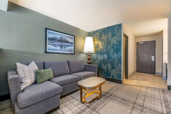 A modern living room with a gray sofa, decorative pillows, a framed landscape photo, a tall lamp, patterned wall, door, and coffee table.