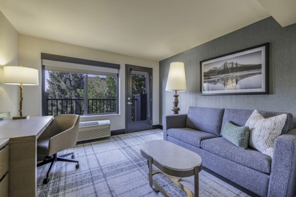 A modern living room with a gray sofa, coffee table, desk, lamp, and large window with scenic view. Framed photo on the wall.