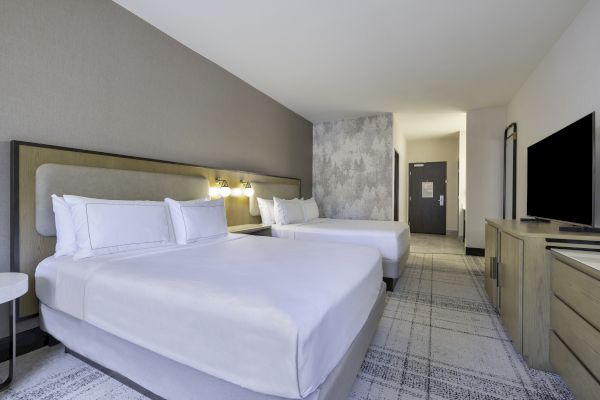 A hotel room with two neatly made double beds, a flat-screen TV, and modern decor including a patterned carpet and wall art.