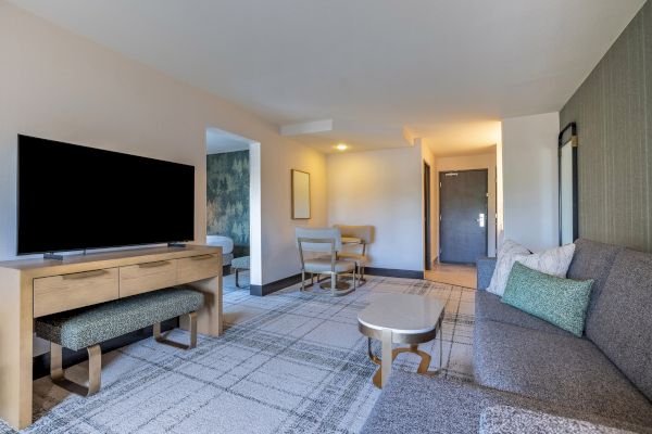 A modern living room with a TV, sofa, table, and chairs; minimalistic decor with neutral tones and a connected bedroom is visible.