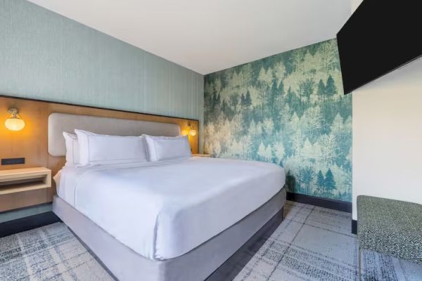 The image shows a hotel room with a large bed, decorative wallpaper, wall lamps, and a mounted TV on the wall.