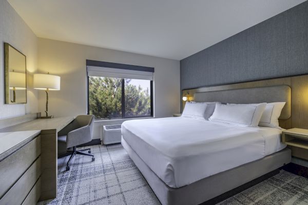 The image shows a modern, tidy hotel room with a large bed, a desk with a lamp, and a window with a view of greenery.