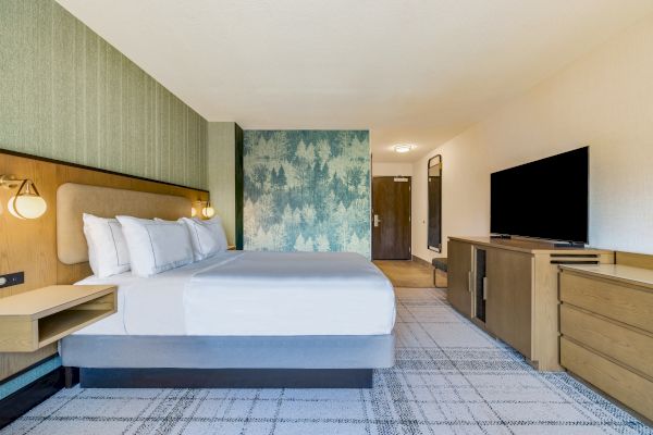 A modern hotel room with a bed, forest-themed accent wall, flat-screen TV, wooden furniture, and a door in the background.