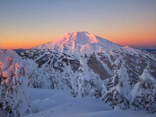A snow-covered mountain glows under a pink and orange sky as the sun rises or sets, surrounded by frost-laden trees in a serene winter scene.