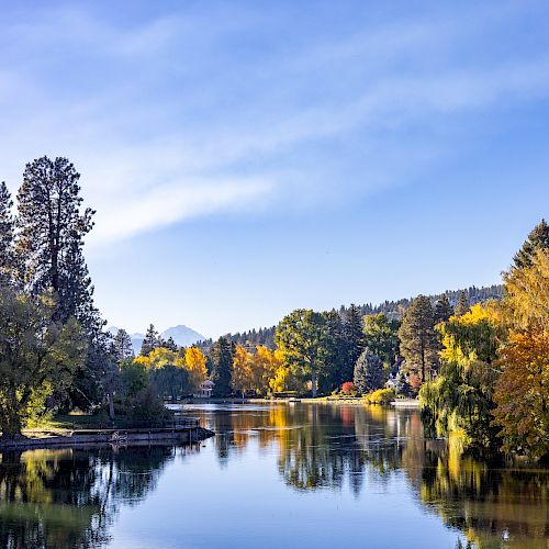 A tranquil lake mirrors the autumn trees in yellows and greens, framed by a clear blue sky and distant hills.
