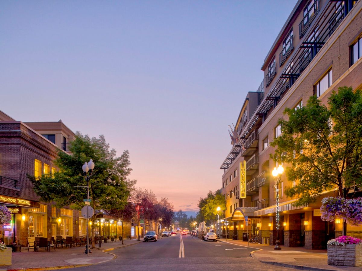 A quiet city street at dusk with lit storefronts, trees, and hanging flower baskets under a soft, colorful sky.