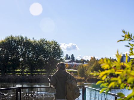 A person with a backpack stands on a railing by a lake, gazing at water and trees under a bright blue sky with sunlight and lens flares.