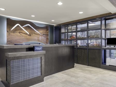 A modern hotel reception area with a wooden desk, a decorative wall feature, and shelving with items.
