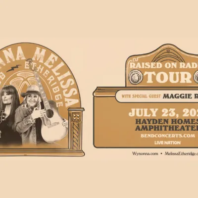 A vintage concert poster for the Wynonna&ndash;Melissa Etheridge &ldquo;Raised on Radio&rdquo; Tour on July 23, 2026, featuring Maggie Rose.