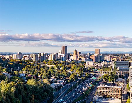 A wide city skyline with tall office towers, tree-filled streets, cars on highways, and a bright blue sky with clouds.