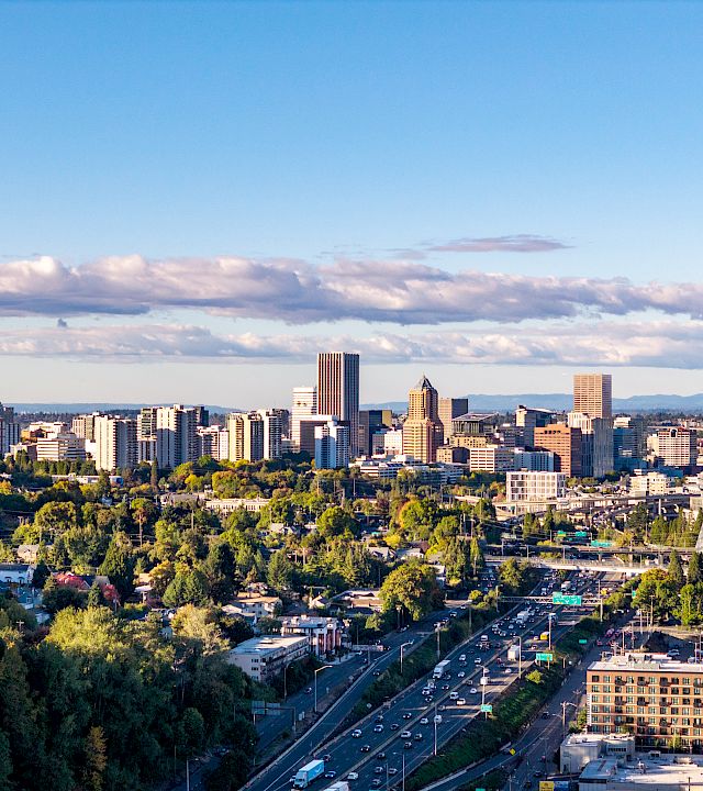 A wide city skyline with tall office towers, tree-filled streets, cars on highways, and a bright blue sky with clouds.