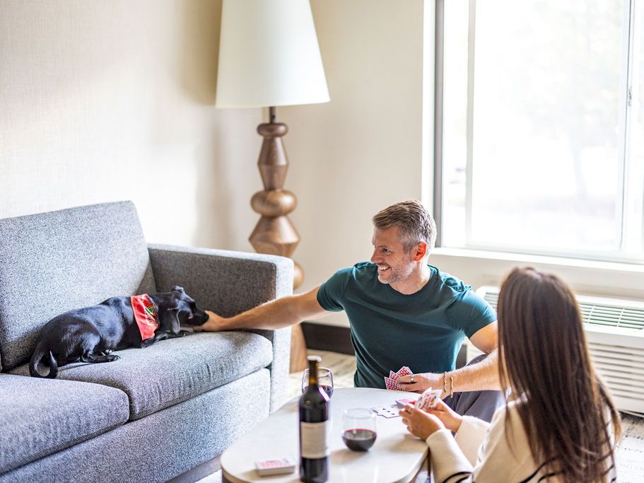 A family plays cards at home while a dog rests on the couch nearby, all smiling together.