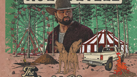 A concert poster for &ldquo;Koe Wetzel: The Night Champion World Tour,&rdquo; showing a cowboy with two dogs, a pickup, and flames in a painted landscape.