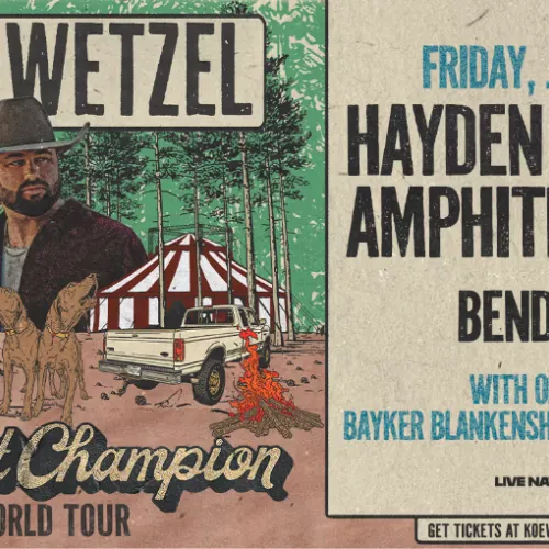 A concert poster for Koe Wetzel&rsquo;s Night Champion World Tour at Hidden Homes Amphitheater in Bend, OR on Friday July 31.