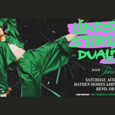A concert poster for Lindsey Stirling&rsquo;s &ldquo;Duality&rdquo; tour, featuring a green fantasy dancer and details for Aug 1 at Hayden Homes Amphitheater in Bend.