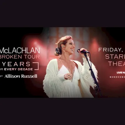 A promotional poster for Sarah McLachlan&rsquo;s &ldquo;Better/Stronger/Because&rdquo; tour, showing a Friday July 24 show date at Starlight Theatre.