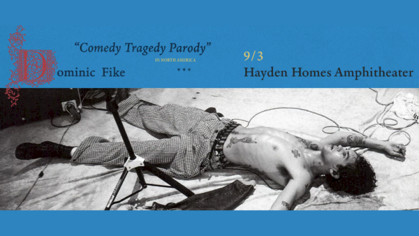 A blue concert-poster banner reads &ldquo;Comedy Tragedy Parody&rdquo; with dates &ldquo;9/3&rdquo; at Hayden Homes Amphitheater, plus a black-and-white photo lying onstage.