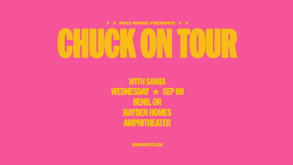 A pink poster advertising &ldquo;CHUCK ON TOUR&rdquo; with Sami, Wednesday Sep 09, Bend OR at Hayden Homes Amphitheater.