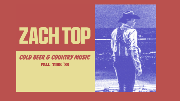 A promotional poster for Zach Top&rsquo;s &ldquo;Cold Beer & Country Music&rdquo; Fall Tour &rsquo;26, featuring a cowboy in a blue tint.