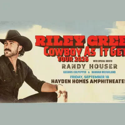 A retro concert poster for &ldquo;Riley Green&rdquo; titled &ldquo;Cowboy as It Gets,&rdquo; featuring Randy Houser and Hayden Homes Amphitheater on Friday, September 18.