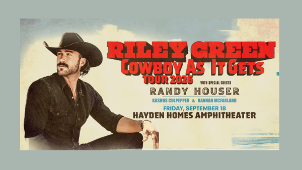 A retro concert poster for &ldquo;Riley Green&rdquo; titled &ldquo;Cowboy as It Gets,&rdquo; featuring Randy Houser and Hayden Homes Amphitheater on Friday, September 18.