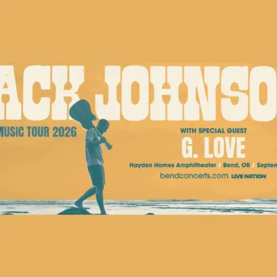 A &ldquo;Jack Johnson&rdquo; Surf/Fuel Music Tour 2026 poster featuring G. Love, with Hayden Home Amphitheater in Bend, OR on Sept 27.