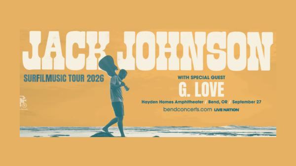 A &ldquo;Jack Johnson&rdquo; Surf/Fuel Music Tour 2026 poster featuring G. Love, with Hayden Home Amphitheater in Bend, OR on Sept 27.