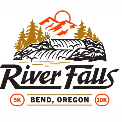 A &ldquo;RiverFalls&rdquo; race logo showing a river, mountains, pine trees, and an orange running eagle above &ldquo;Bend, Oregon&rdquo; 5K and 10K.