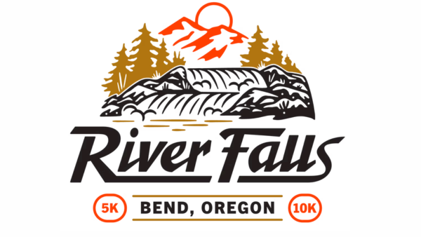 A &ldquo;RiverFalls&rdquo; race logo showing a river, mountains, pine trees, and an orange running eagle above &ldquo;Bend, Oregon&rdquo; 5K and 10K.