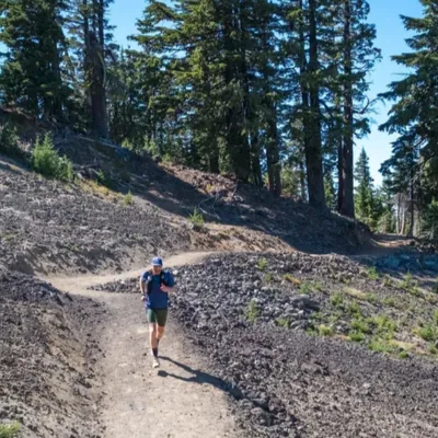 A hiker walks along a dirt trail on a rocky hillside through a tall pine forest, sunny and clear outside.